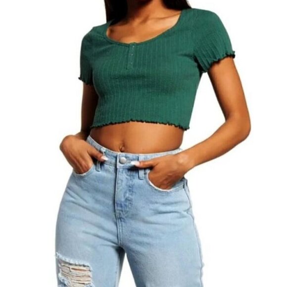 NWT bp Dark Green Pointelle Rib Cropped Short Sleeved Henley - Size: 3X - Picture 1 of 5